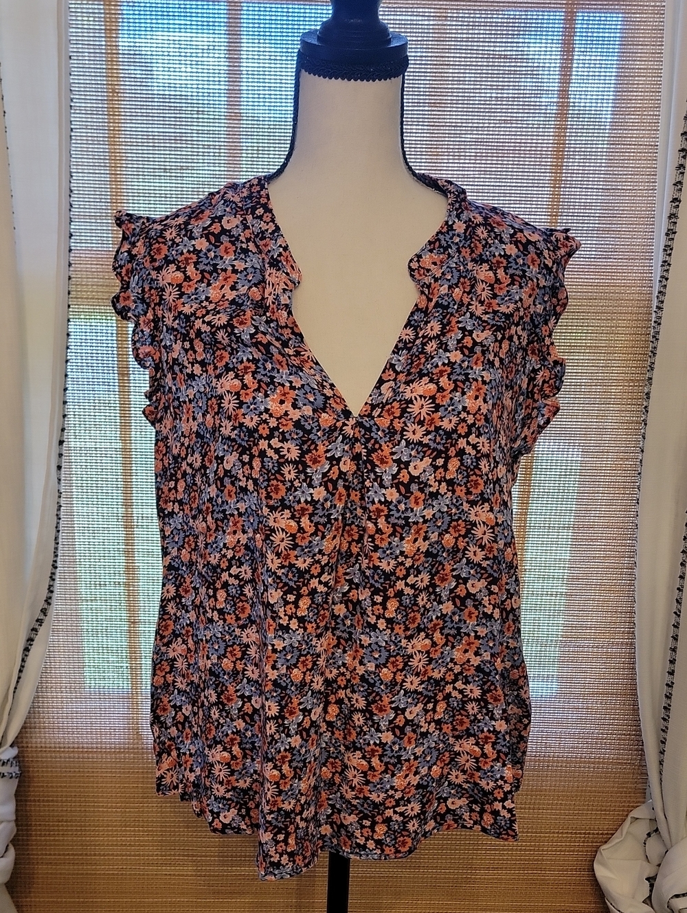 Universal Thread Floral Ruffle Sleeve Blouse in Black, Coral & Blue